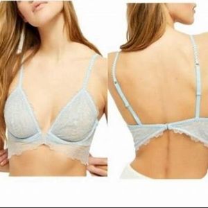 FREE PEOPLE LUCIA LACE UNDERWIRE BRA PRETTY BLUE HYDRANGEA COLOR LAYERING SZ 32A
